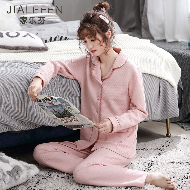 睡衣女士春秋季加厚纯棉长袖家居服秋冬季空气棉保暖夹层夹棉套装,淘宝优惠券,粉丝福利购,淘宝优惠卷