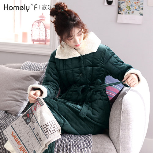 睡衣女秋冬季冬天三层加厚夹棉袄珊瑚绒加绒保暖法兰绒家居服套装 - 图1