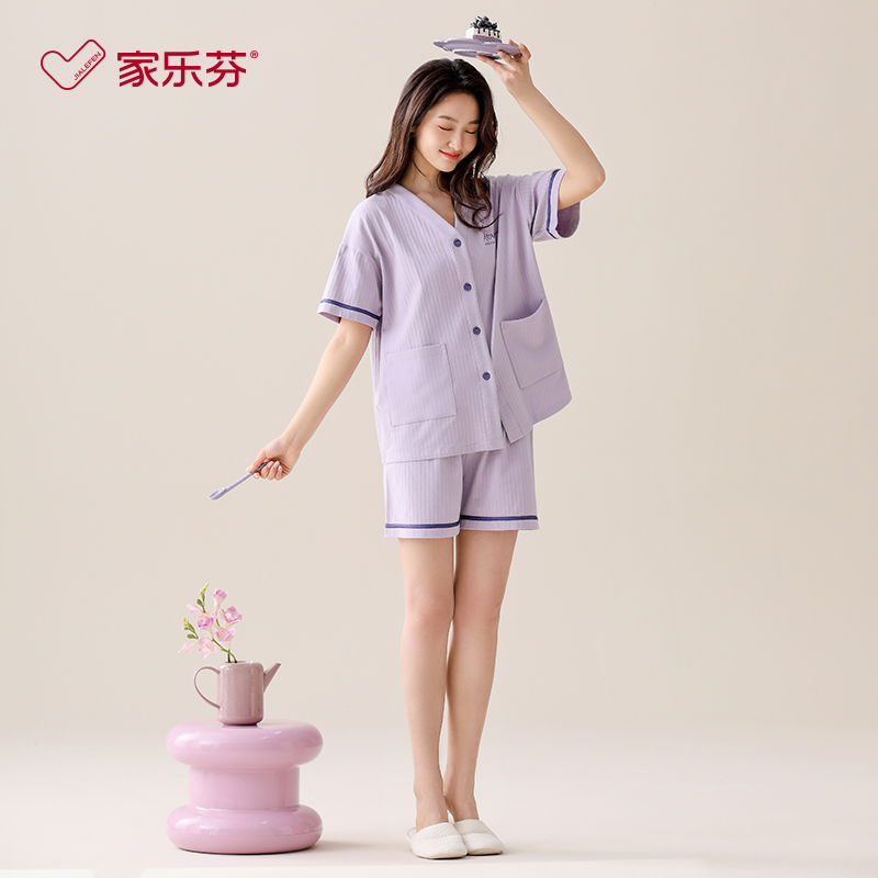 家乐芬睡衣女士夏季纯棉短袖短裤家居服女款夏天夏款薄款大码套装 - 图3