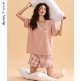 Шорты, пижама, тонкий хлопковый комплект, короткий рукав