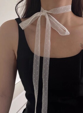 2025新款春夏季黑色白色蕾丝飘带细窄女百搭锁骨颈带丝巾搭配用