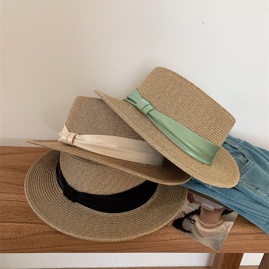 Hepburn style French flat-top straw hat women's beach vacation sun protection hat large head circumference flat brim sun protection hat