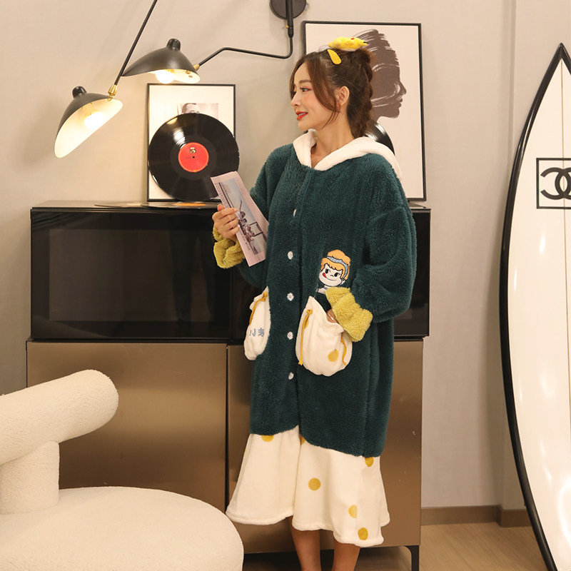 韩版秋冬季法兰绒长款北极绒睡袍 伊人公子睡衣/家居服套装