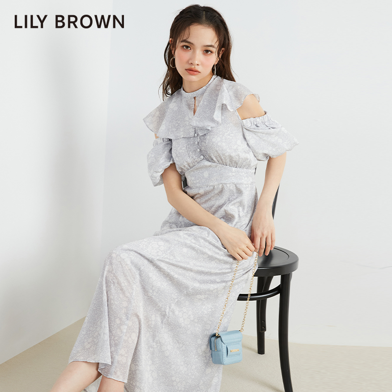 LILY BROWN春夏款甜美小飞袖露肩收腰碎花连衣裙LWFO231204