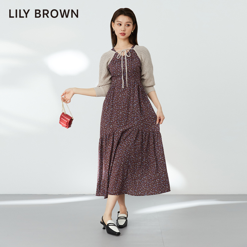 LILY BROWN秋冬款 复古露背泡泡袖小碎花连衣裙LWFO234053