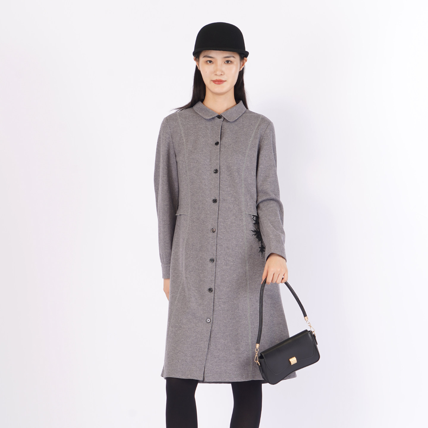 LAIDEE/罗兰伊杜灰色羊毛衬衫连衣裙女中长款收腰知性优雅长裙,淘宝优惠券,粉丝福利购,淘宝优惠卷