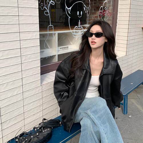 黑色美式复古pu皮外套女春秋新款高级感气质宽松机车皮夹克皮衣 - 图0
