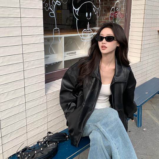 Black American retro pu leather jacket for women in spring and autumn new style high-end style loose motorcycle leather jacket