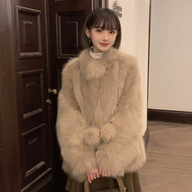 2024新款皮草外套女秋冬款加厚毛毛上衣高级感立领中长款厚外套 - 图1