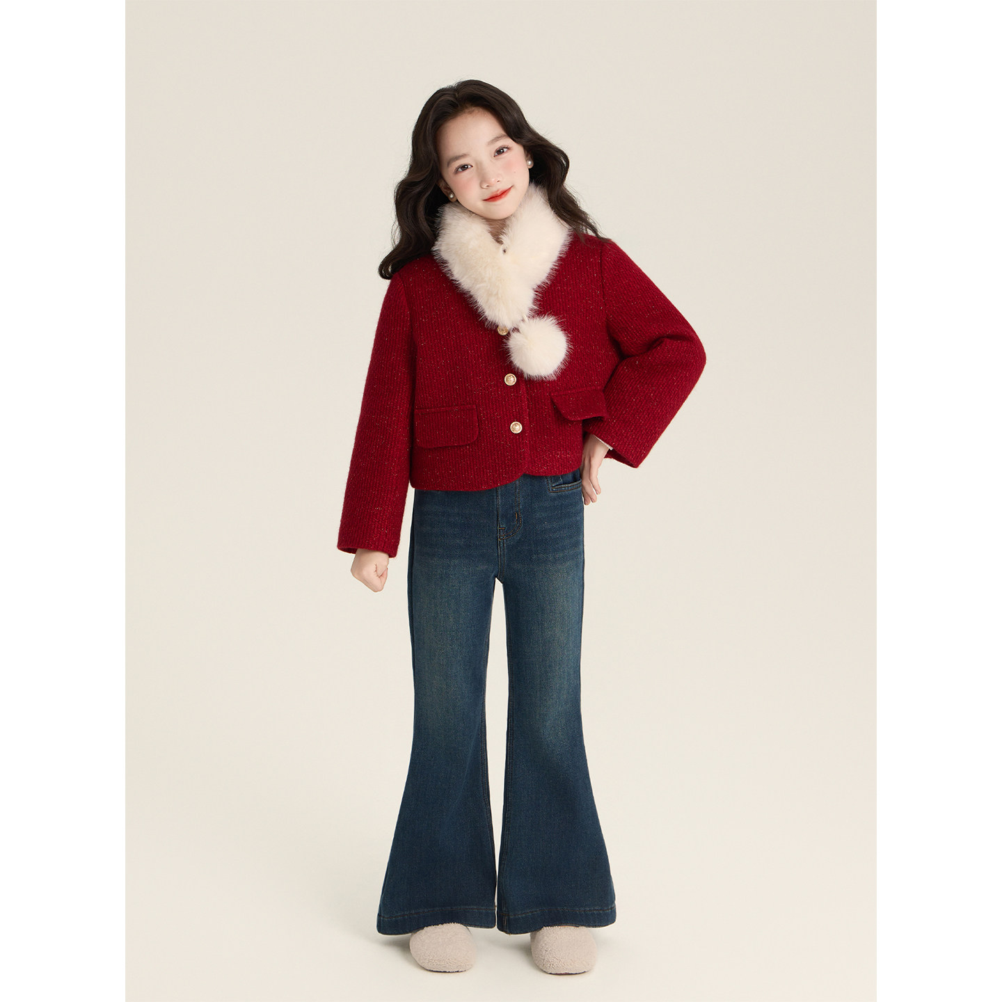 Amybaby女童裤子冬季2025新款简约显瘦设计感口袋加绒牛仔喇叭裤,淘宝优惠券,粉丝福利购,淘宝优惠卷