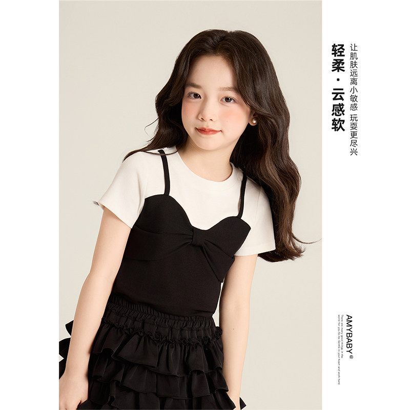 Amybaby女童上衣秋季2025新款韩版拼接蝴蝶结吊带假两件T恤,淘宝优惠券,粉丝福利购,淘宝优惠卷