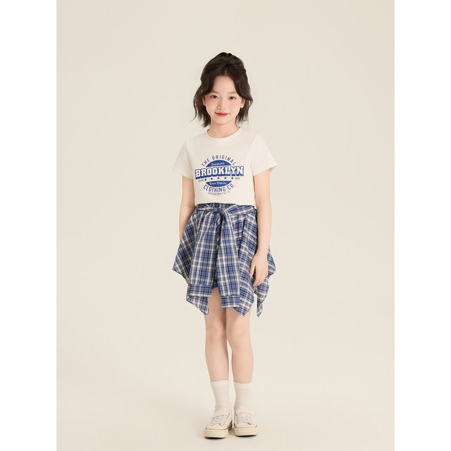 Amybaby girls suit summer 2026 new round neck letter T irregular design skirt plaid