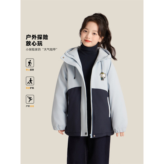 Amybaby女童棉服冬季2025新款户外三防连帽猫咪撞色冲锋衣外套