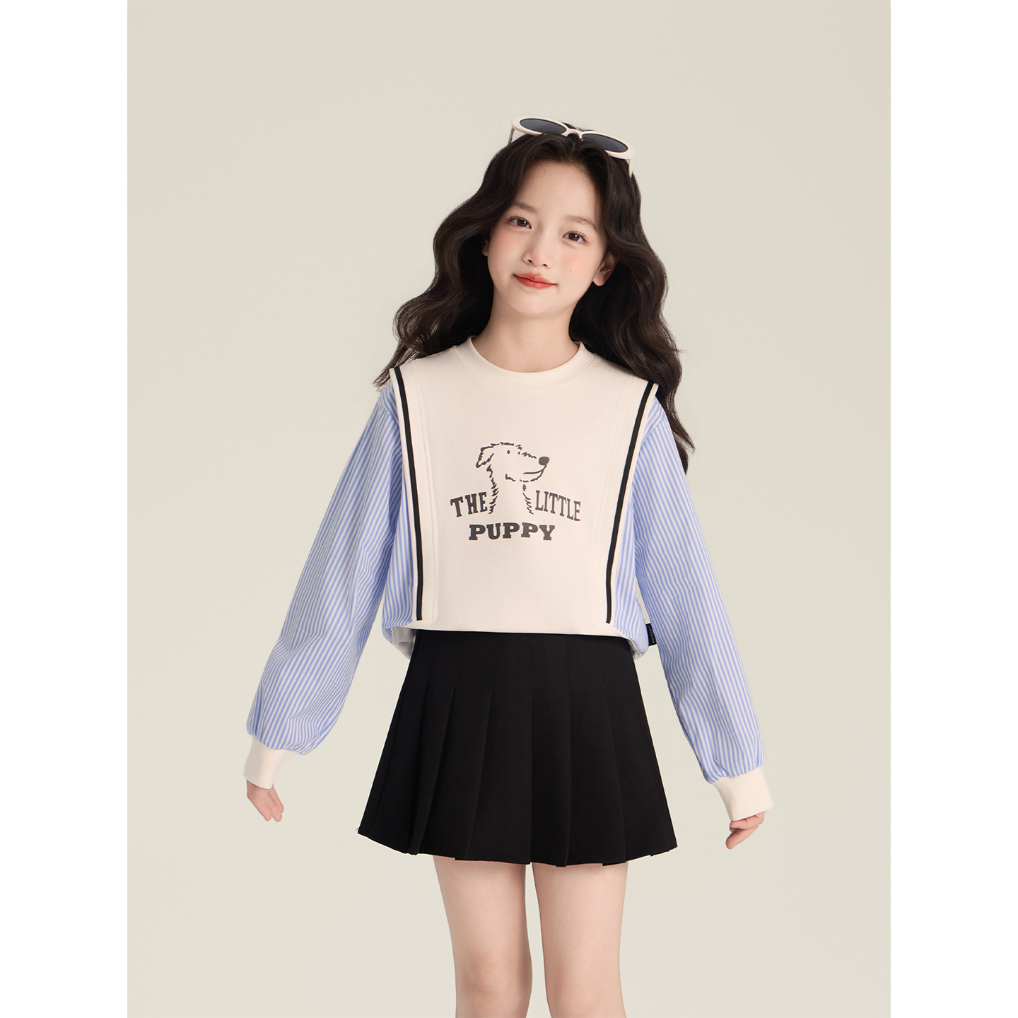 Amybaby女童上装秋季2025新款复古百搭条纹印花撞色假两件上衣 - 图1