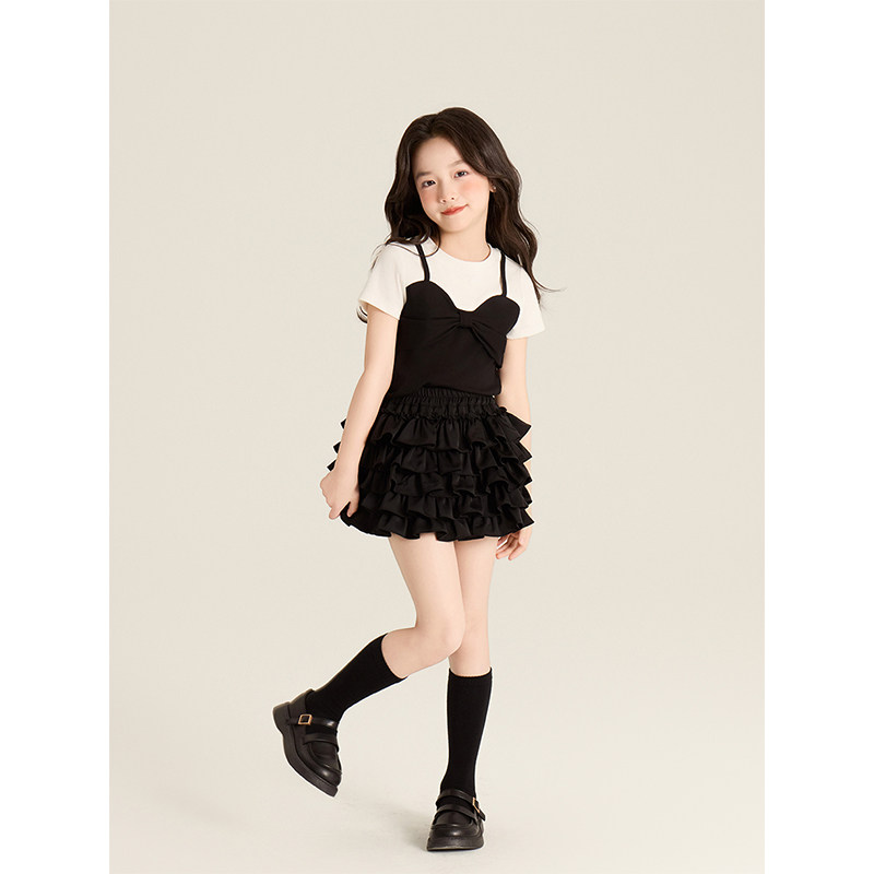 Amybaby女童上衣秋季2025新款韩版拼接蝴蝶结吊带假两件T恤,淘宝优惠券,粉丝福利购,淘宝优惠卷