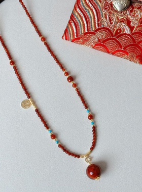 新中式国风旗袍串珠项链吊坠锁骨毛衣链红玛瑙百搭配饰挂件女简约