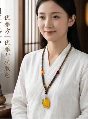 新中式国风复古民族鸡翅木佛珠项链男女藏式禅意毛衣链汉服配饰