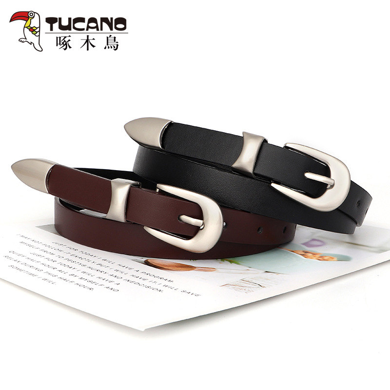 啄木鸟高级女士腰带时尚潮搭配牛仔裤带简约百搭黑色真皮皮带