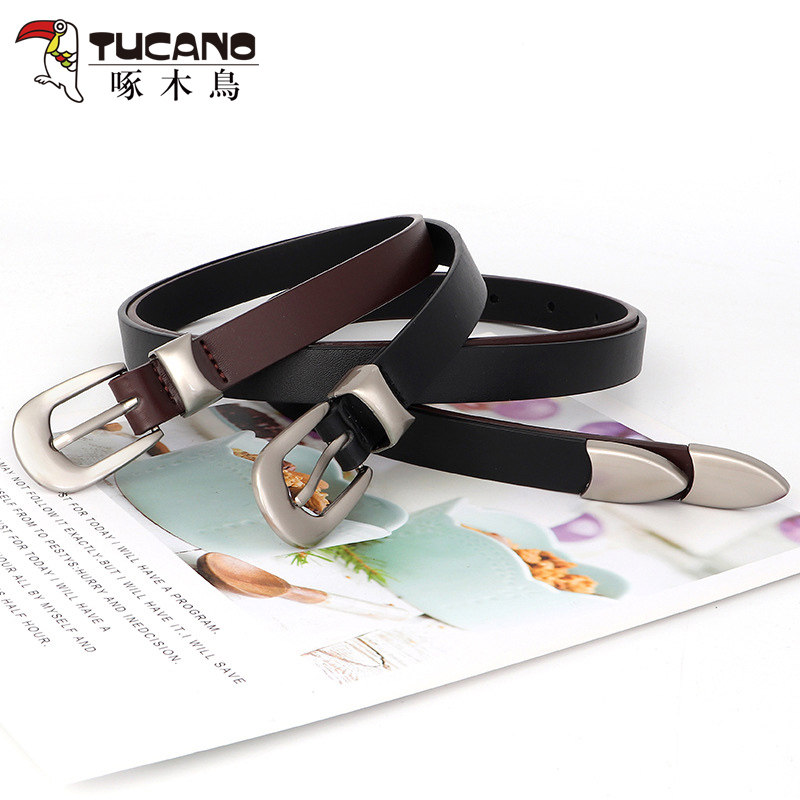 啄木鸟高级女士腰带时尚潮搭配牛仔裤带简约百搭黑色真皮皮带