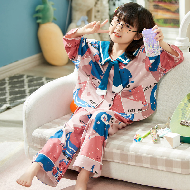 女童春秋纯棉中大童长袖儿童睡衣 可爱鱼家居服套装