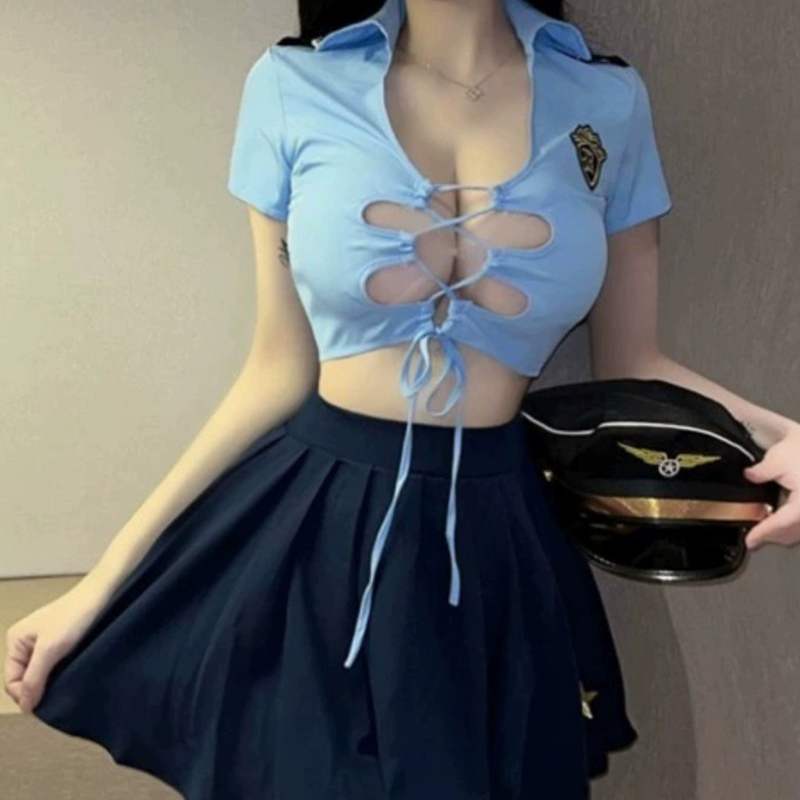 主播同款女警制服系带短款衬衫+松紧腰百褶短裙网红套装潮