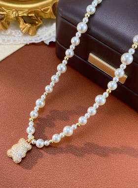 法式时尚温柔百搭锆石小熊珍珠项链精致简约设计感超闪锁骨链批发