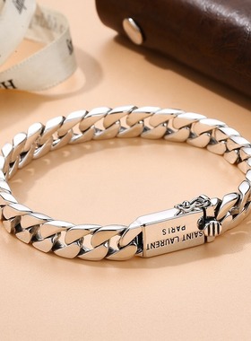 正宗S925纯银简约光身银链韩版情侣刻字手链泰银男士古巴链个性送