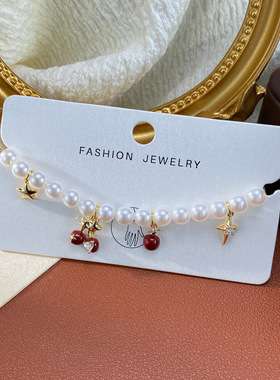 日韩个性时尚温柔百搭芒星红色樱桃珍珠手链气质甜美清新手饰批发