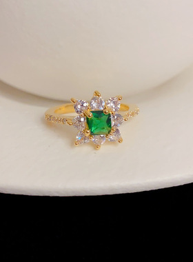 小众时尚轻奢设计感满锆绿色太阳花开口戒精致简约百搭食指戒批发