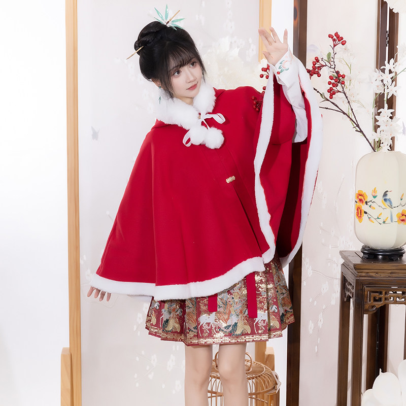 新中式新年斗篷披肩女装汉服新款披风保暖红色加绒短款套古装秋冬,淘宝优惠券,粉丝福利购,淘宝优惠卷
