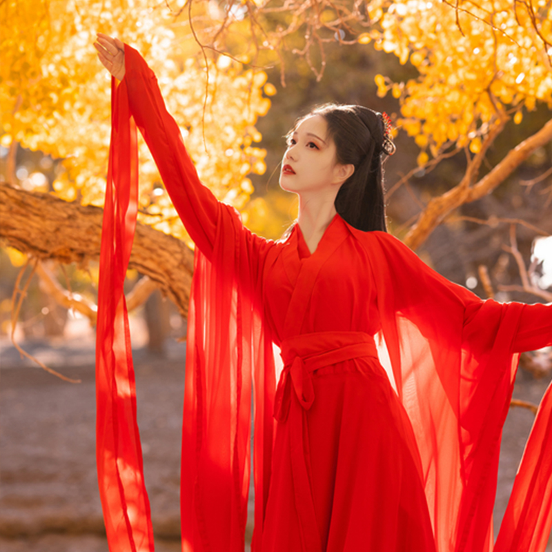 王洪旗新款汉服女原创中国风晋制超仙褶裙魏晋古装日常红色舞蹈服 - 图0