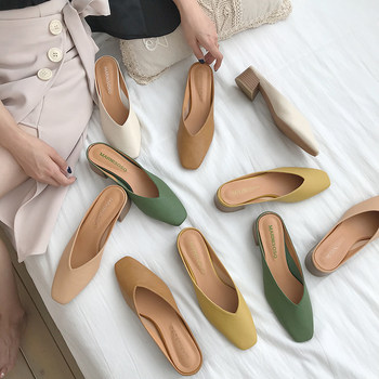 ຂະຫນາດກາງ heel ຫນາ heel ດຽວເກີບ grandma ເກີບ 2024 ໃຫມ່ພາກຮຽນ spring square toe ງ່າຍດາຍປາກຕື້ນ toe slippers ເຄິ່ງຖົງ sandals ສໍາລັບແມ່ຍິງ