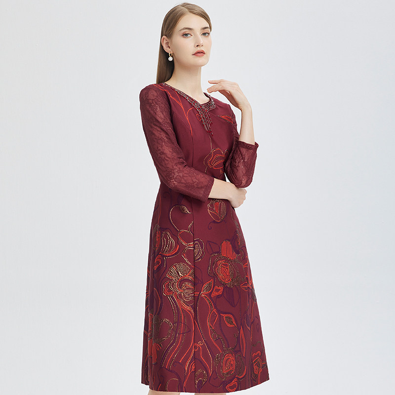 商场同款马天奴女春夏新款枫叶红色连衣裙气质裙子婚宴喜婆婆礼裙