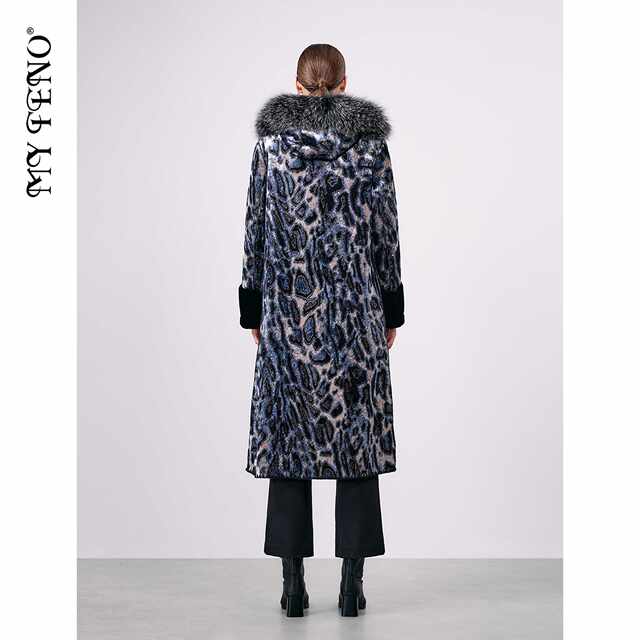 马天奴冬季新款女黑色豹纹毛领连帽金貂绒大衣长款设计感保暖外套