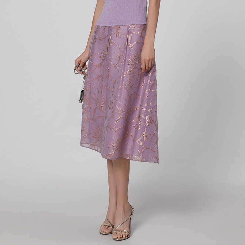 专柜正品马天奴女装夏季新款紫色闪葱提花半身裙半裙子A字裙压褶,淘宝优惠券,粉丝福利购,淘宝优惠卷
