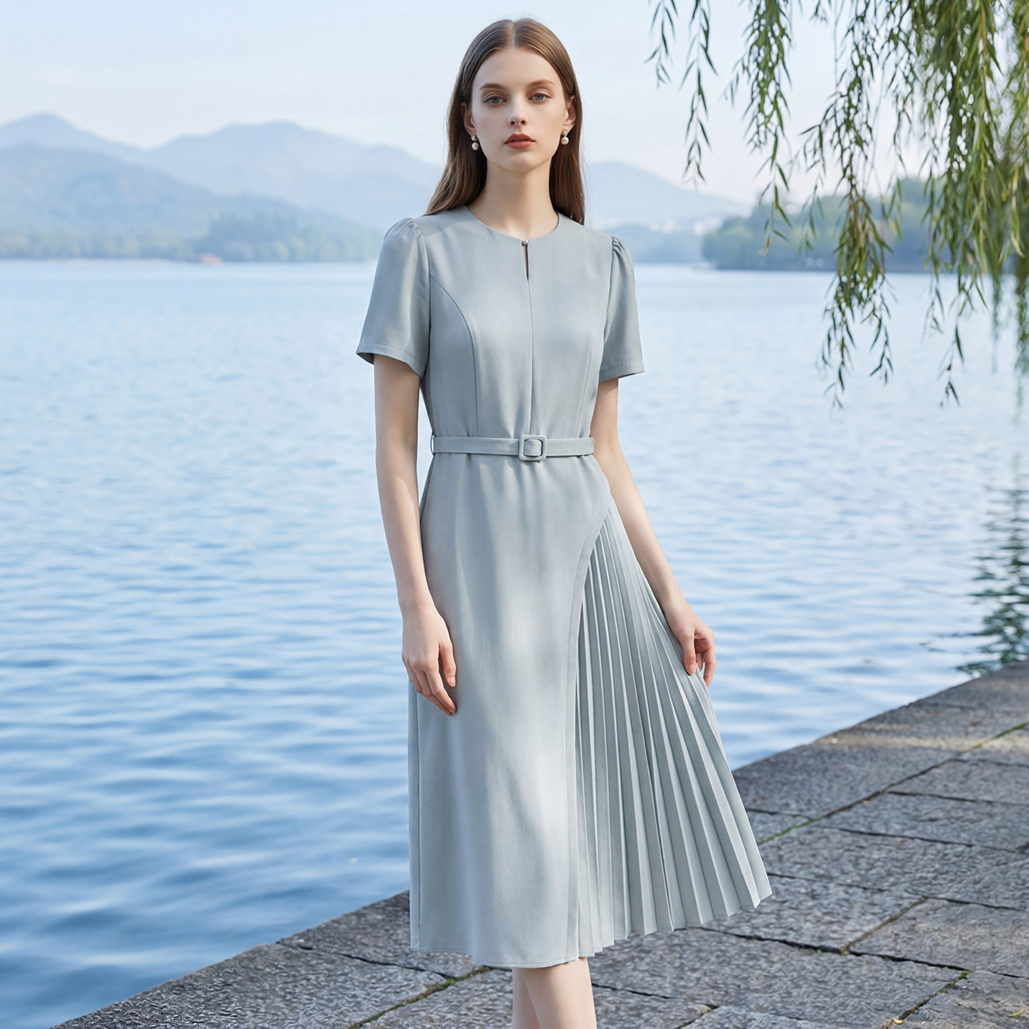 马天奴2025夏季新款绿色圆领短袖连衣裙子压褶拼接收腰配腰带气质