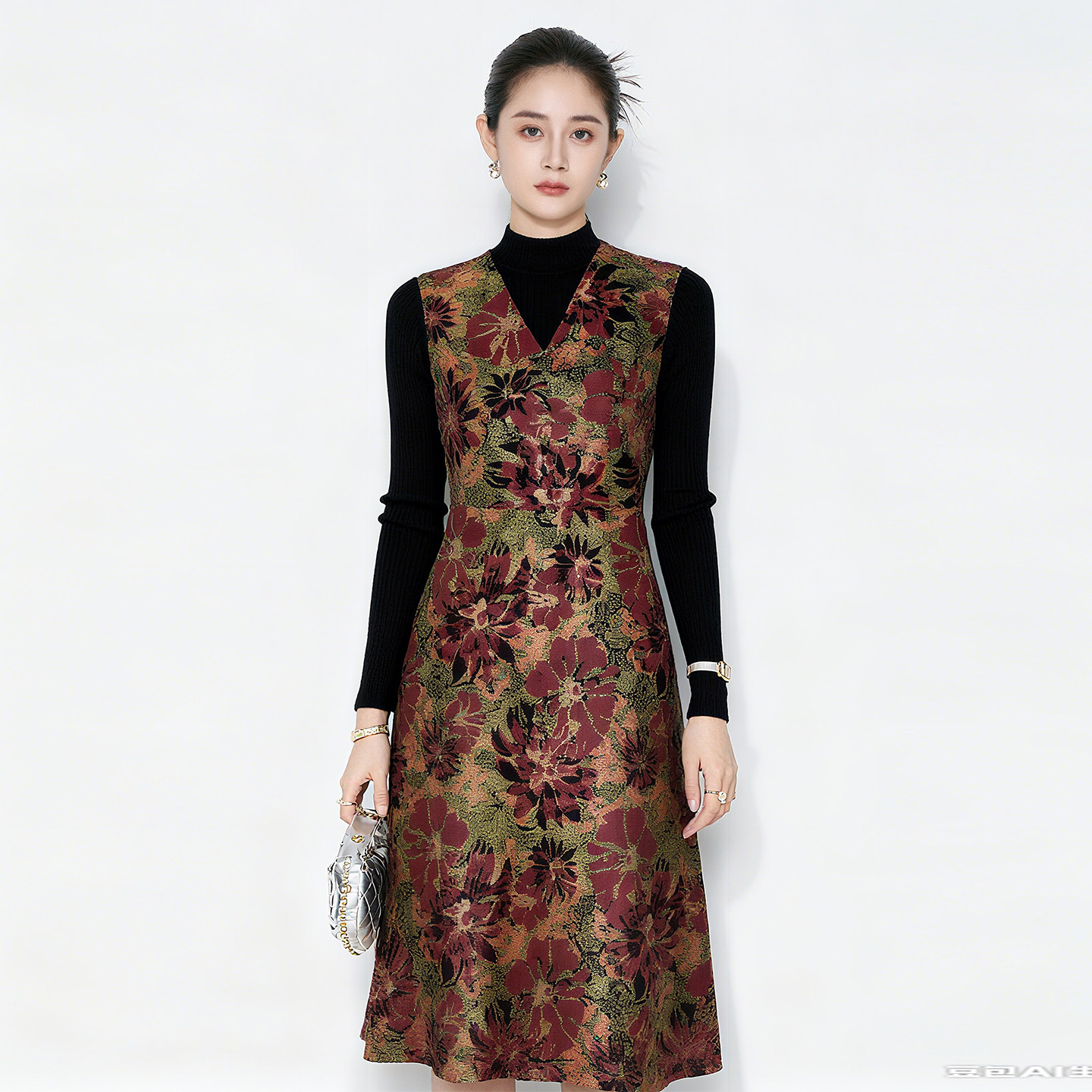 马天奴秋冬新款红色印花V领无袖收腰皮裙连衣裙子时尚气质女,淘宝优惠券,粉丝福利购,淘宝优惠卷