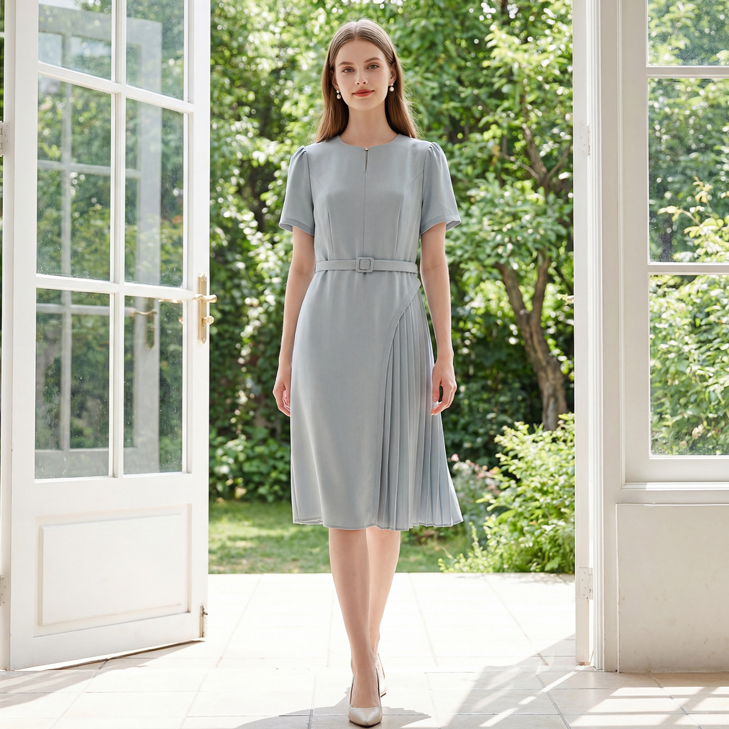 马天奴2025夏季新款绿色圆领短袖连衣裙子压褶拼接收腰配腰带气质