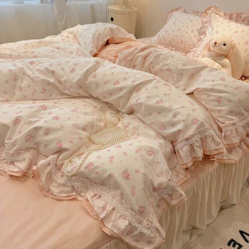 少女心韩式花边小碎花全棉四件套纯棉床裙公主纯棉被套床上用品 - 图2