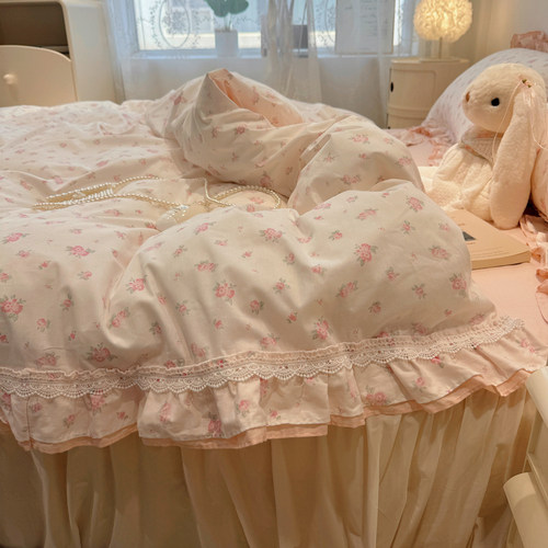 少女心韩式花边小碎花全棉四件套纯棉床裙公主纯棉被套床上用品 - 图0
