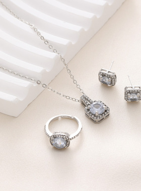 欧美项链套装时尚气质方形镶钻锆石耳环戒指三件套四边形镶钻