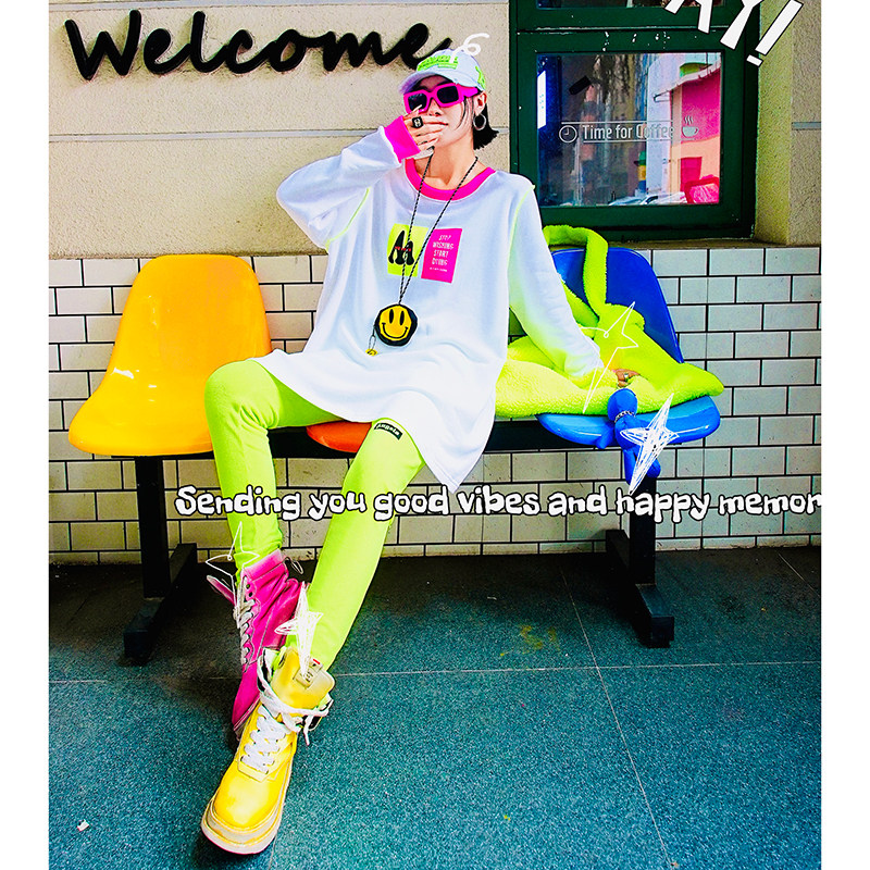 YHAY荧光绿彩色字母贴布休闲加绒打底裤冬新款百搭弹力运动小脚裤,淘宝优惠券,粉丝福利购,淘宝优惠卷