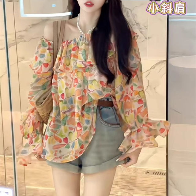 Floral ruffled bateau neck long sleeve bell sleeve top