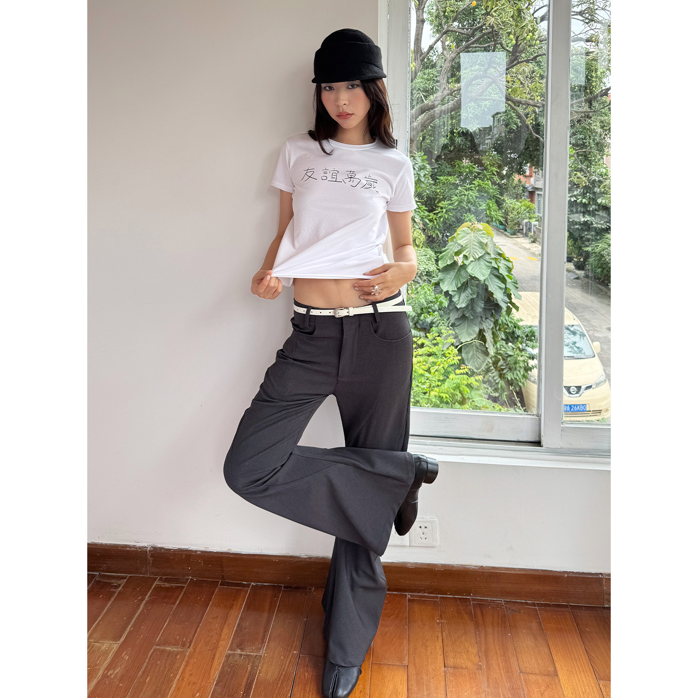 FUNKYFUN original curved three-dimensional structure cut dark gray stacked scimitar trousers casual trousers