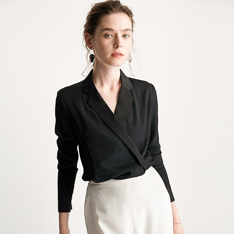 毒家高品职业装v领黑色雪纺女衬衫 bookmark衬衫