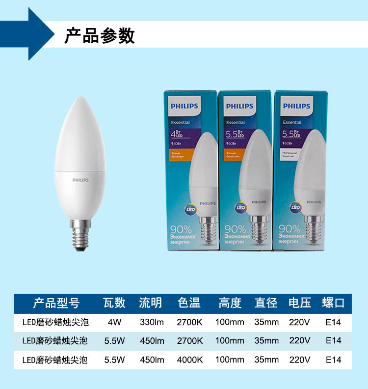 飞利浦磨砂LED尖泡E14小螺口5.5W4W中性光4000K水晶灯镜前灯花灯 - 图0