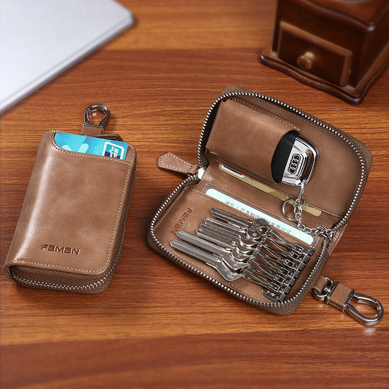 网红复古钥匙包男真皮大容量拉链钥匙收纳包多功能汽车牛皮锁钥包,淘宝优惠券,粉丝福利购,淘宝优惠卷