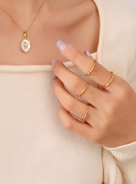 法式ins冷淡风轻奢复古潮款几何骨戒戒指钛钢镀18K真金时尚手饰品