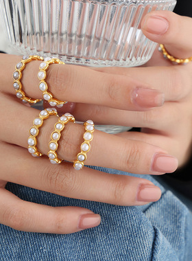 法式复古满天星巴洛克高光贝珠轻奢优雅气质钛钢指环女款戒指饰品