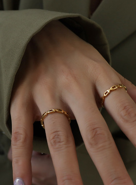 法式ins饰品ring骨节镂空戒指食指戒指环钛钢18k金
